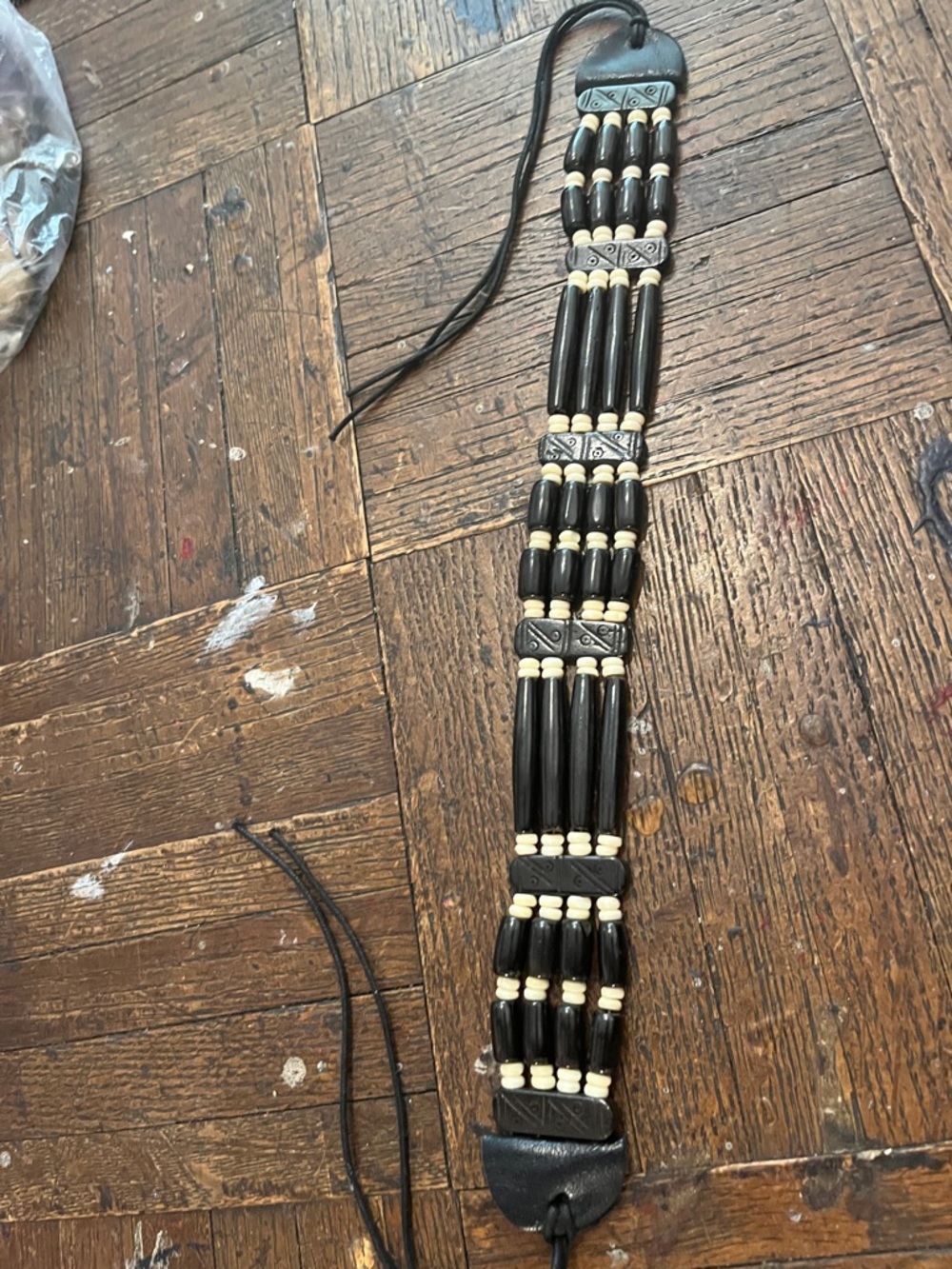 Boho Black and Cream Beaded choker, Native American style 12”  and cord